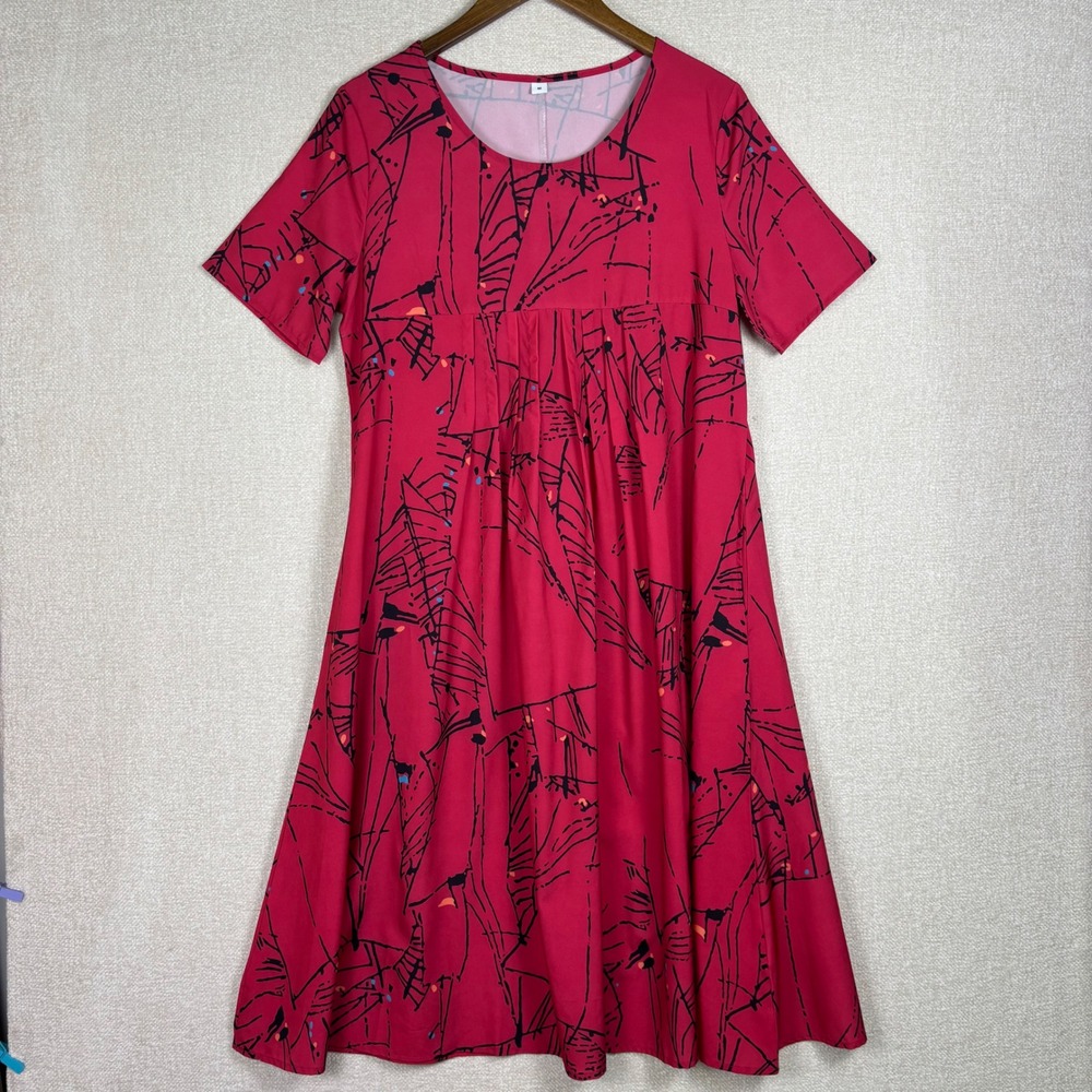 Abstract Print Red Short Sleeve Pleated Empire Waist Midi Dress Medium Flowy